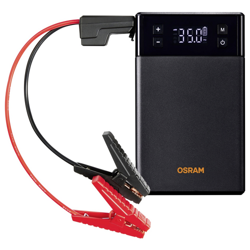 Ein schwarzes Batterieladegerät für Autos von Osram mit digitalem Display, das '35.0 psi' anzeigt, und angeschlossenen roten und schwarzen Kabeln.